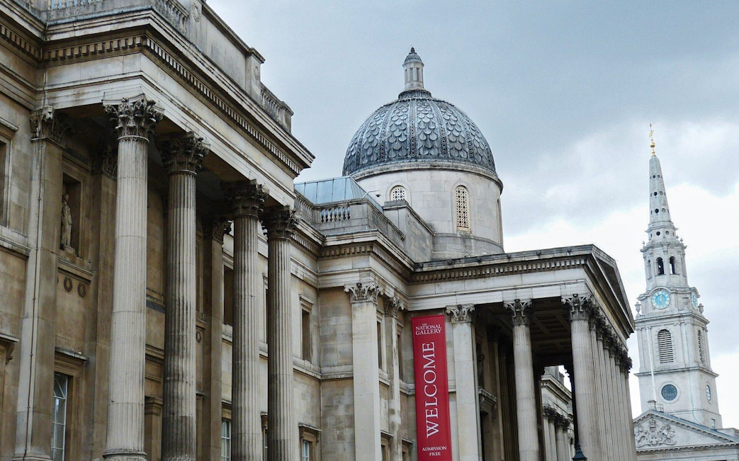 National Gallery facade with columns and dome, London, for self-guided audio tour.