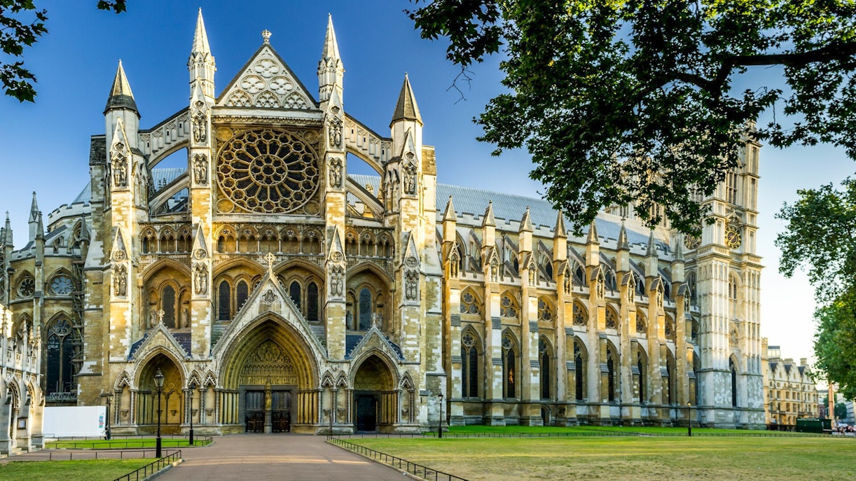 Westminster Abbey exterior with intricate Gothic architecture, London.
