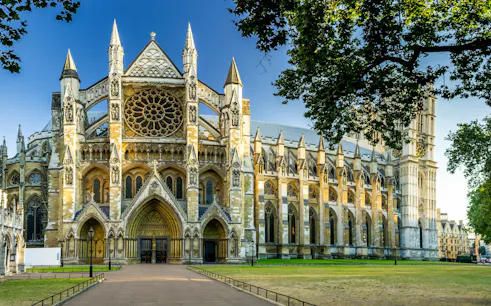 Westminster Abbey exterior with intricate Gothic architecture, London.