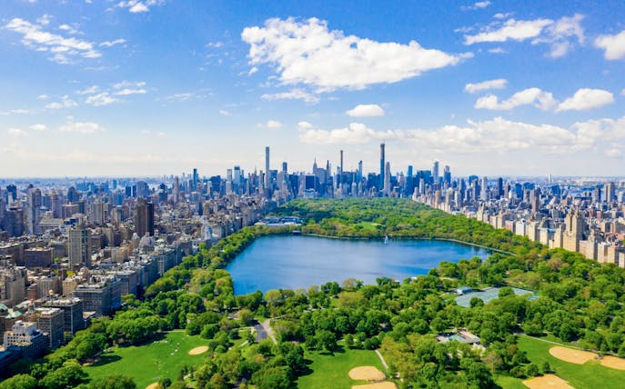 Aerial view of Central Park and Manhattan skyline, New York City.
