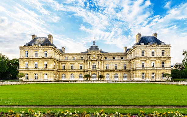 Luxembourg Palace in Paris with manicured gardens, part of a self-guided audio tour.