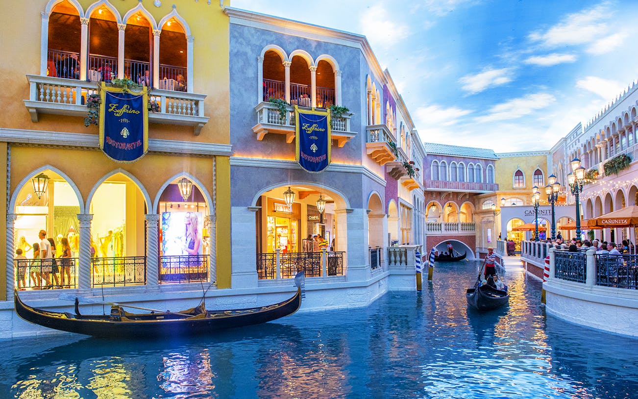Gondola ride through Venetian-style canal in Las Vegas.
