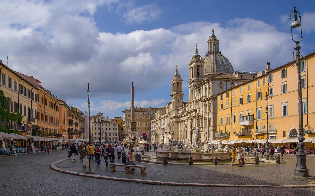 Piazza Navona with Fountain of the Four Rivers and Sant'Agnese in Agone in Rome.
