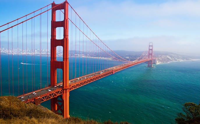 Golden Gate Bridge spanning San Francisco Bay on a clear day.