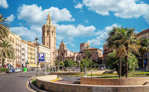 Valencia Cathedral and Plaza de la Reina on a sunny day, part of self-guided audio tour.
