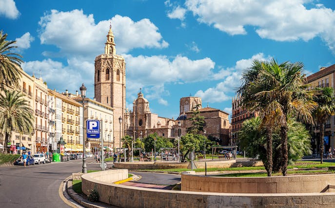 Valencia Cathedral and Plaza de la Reina on a sunny day, part of self-guided audio tour.