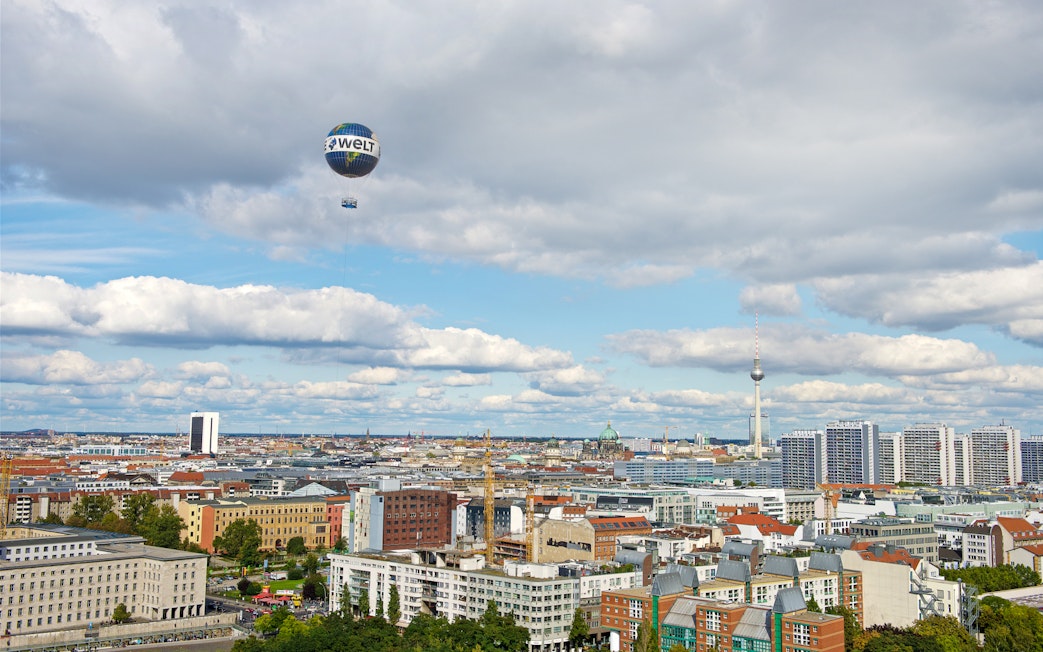 Weltballon over Berlin skyline with TV Tower in view.