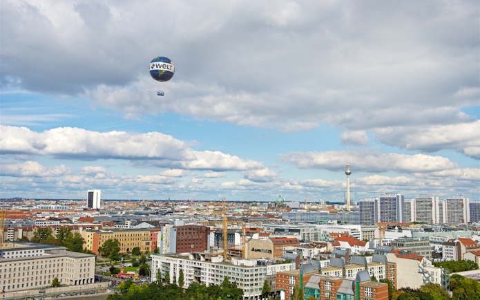 Weltballon over Berlin skyline with TV Tower in view.