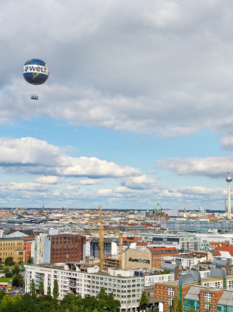 Weltballon over Berlin skyline with TV Tower in view.