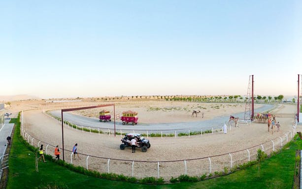 Camel racing track in Dubai with camels and vehicles preparing for a race.