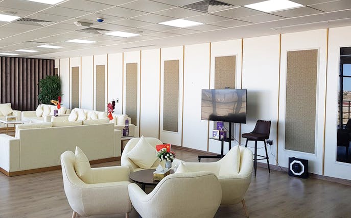 Luxurious lounge area at Dubai Royal Camel Racing venue.