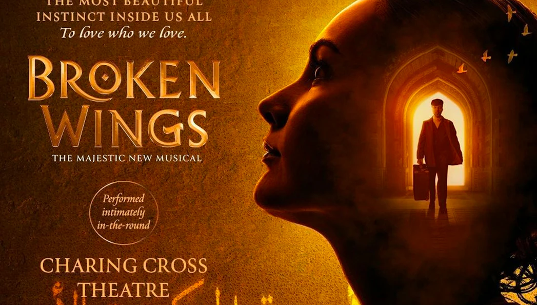 Broken Wings musical poster at Charing Cross Theatre with silhouette and archway.
