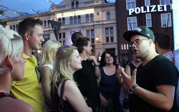 Group on St. Pauli guided tour in Hamburg's red light district, near St. Pauli Theater.