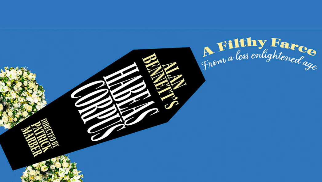 Habeas Corpus play poster with coffin design and floral accents.