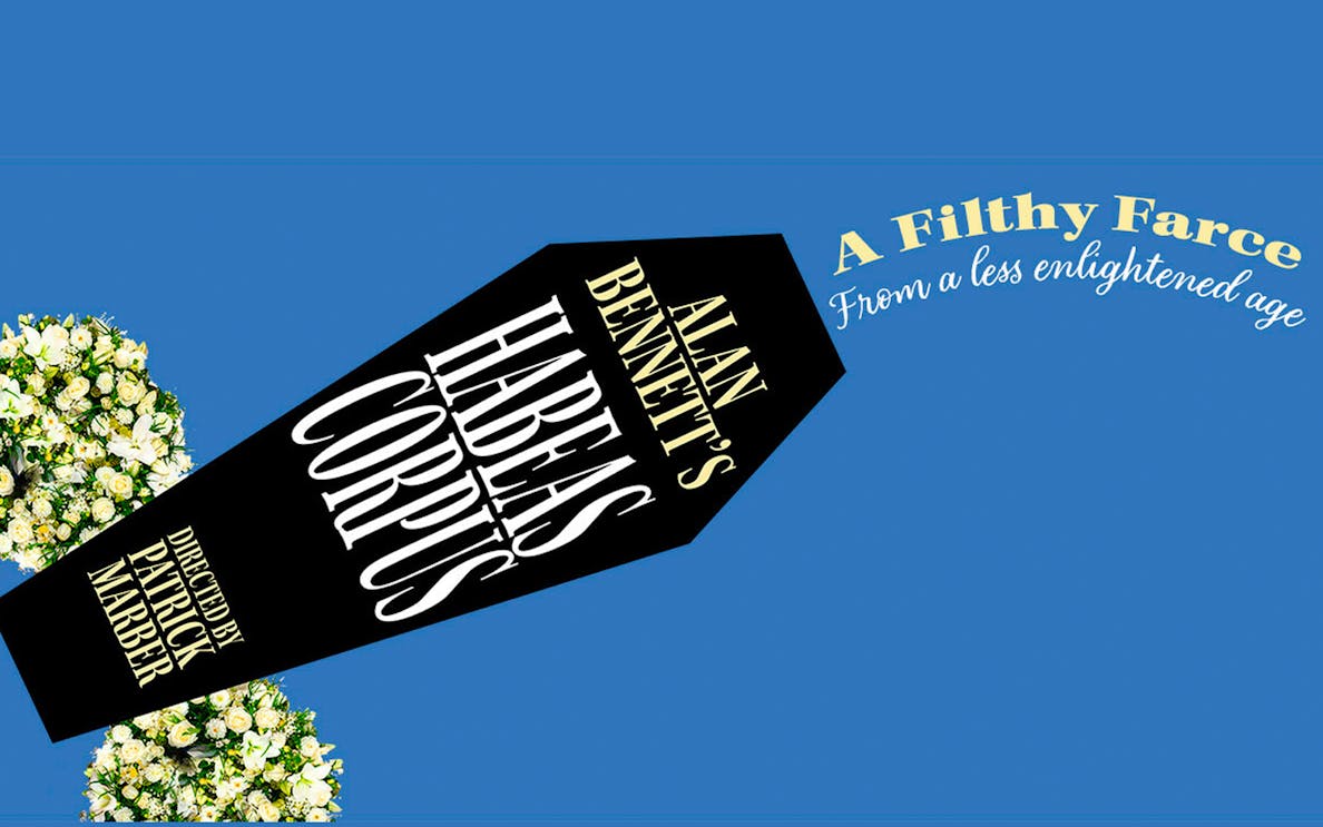 Habeas Corpus play poster with coffin design and floral accents.