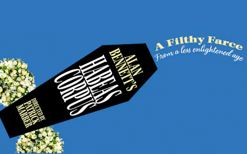 Habeas Corpus play poster with coffin design and floral accents.