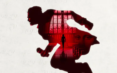 Silhouette of a running figure with a church interior and Mona Lisa in the background, related to The Da Vinci Code.