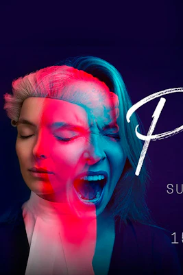 Prima Facie play poster with overlapping faces, Harold Pinter Theatre, April to June 2022