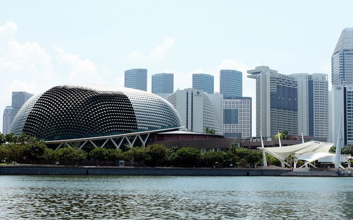 Esplanade Theatres by the Bay with Singapore skyline in the background.