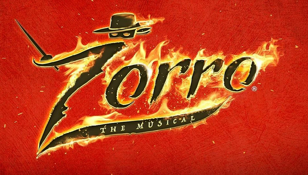 Zorro the Musical logo with fiery text and sword on red background.