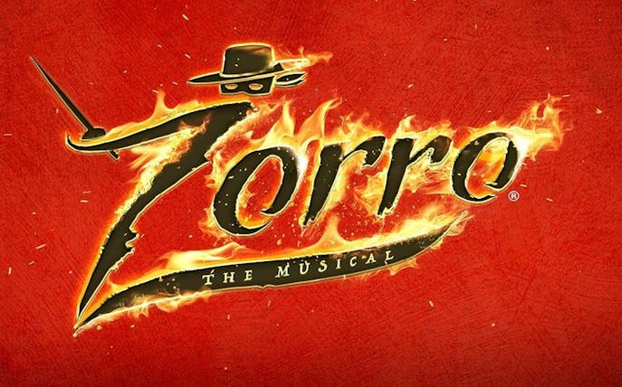 Zorro the Musical logo with fiery text and sword on red background.