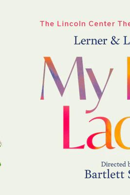 My Fair Lady poster with floral dress illustration and title text.