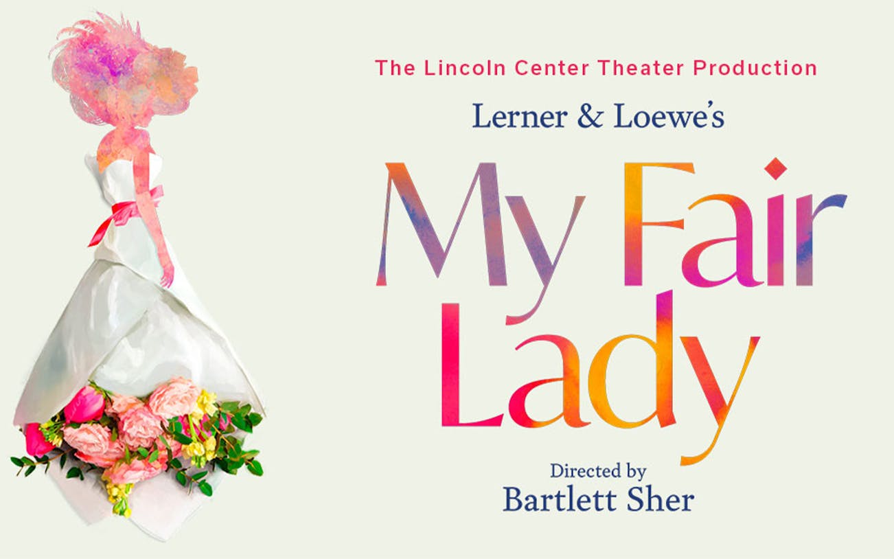 My Fair Lady poster with floral dress illustration and title text.