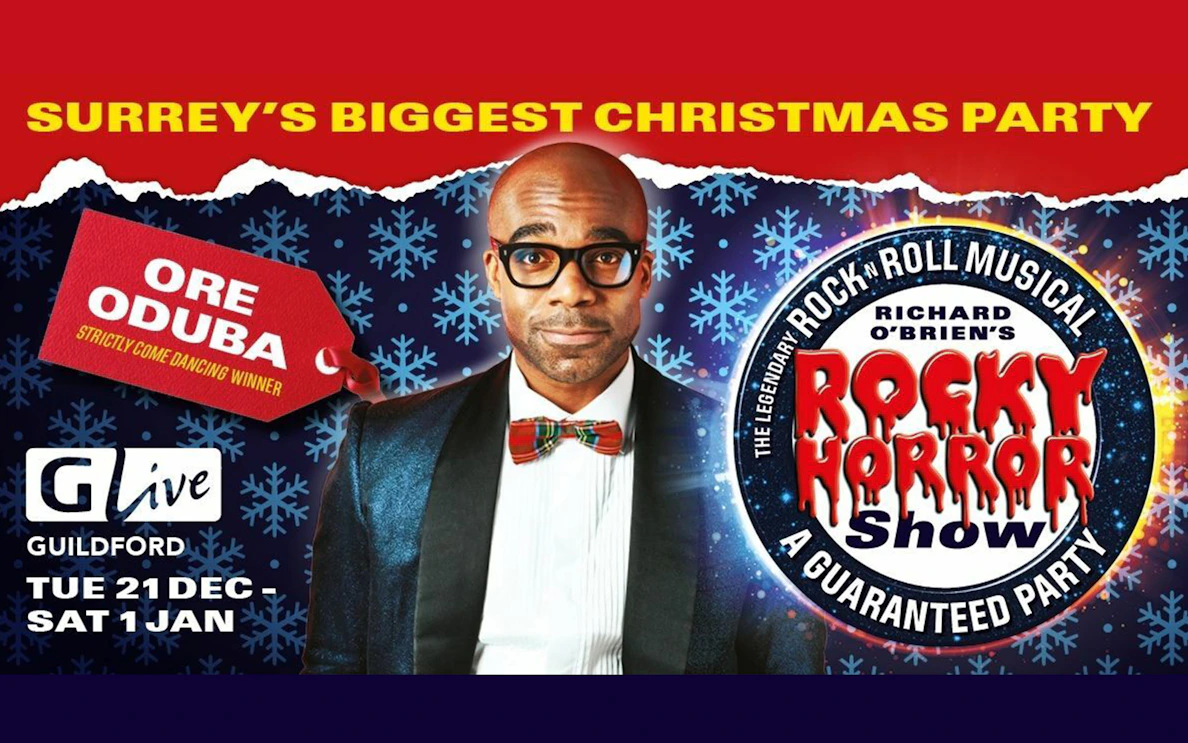 Rocky Horror Show promotion with Ore Oduba in Guildford, featuring show dates and festive theme.