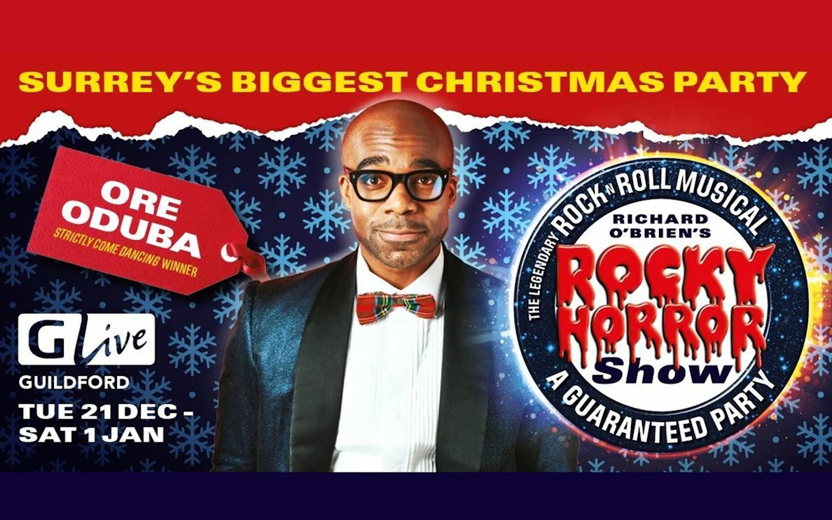 Rocky Horror Show promotion with Ore Oduba in Guildford, featuring show dates and festive theme.