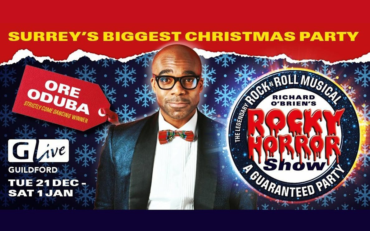 Rocky Horror Show promotion with Ore Oduba in Guildford, featuring show dates and festive theme.