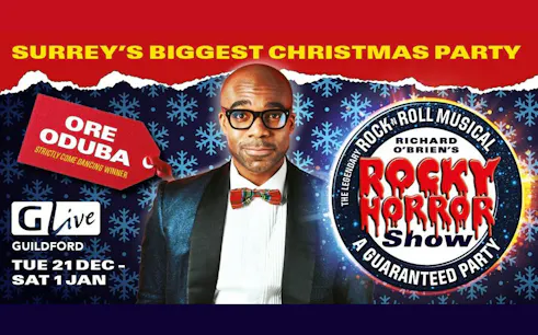 Rocky Horror Show promotion with Ore Oduba in Guildford, featuring show dates and festive theme.