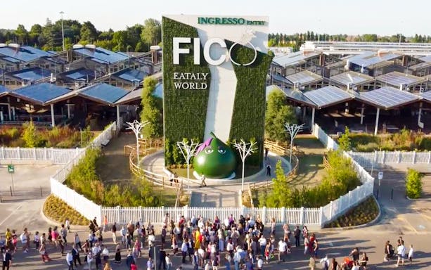 FICO Eataly World entrance with visitors in Bologna, Italy.
