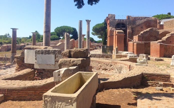 Ancient ruins and columns at Ostia Archaeological Park, Italy.