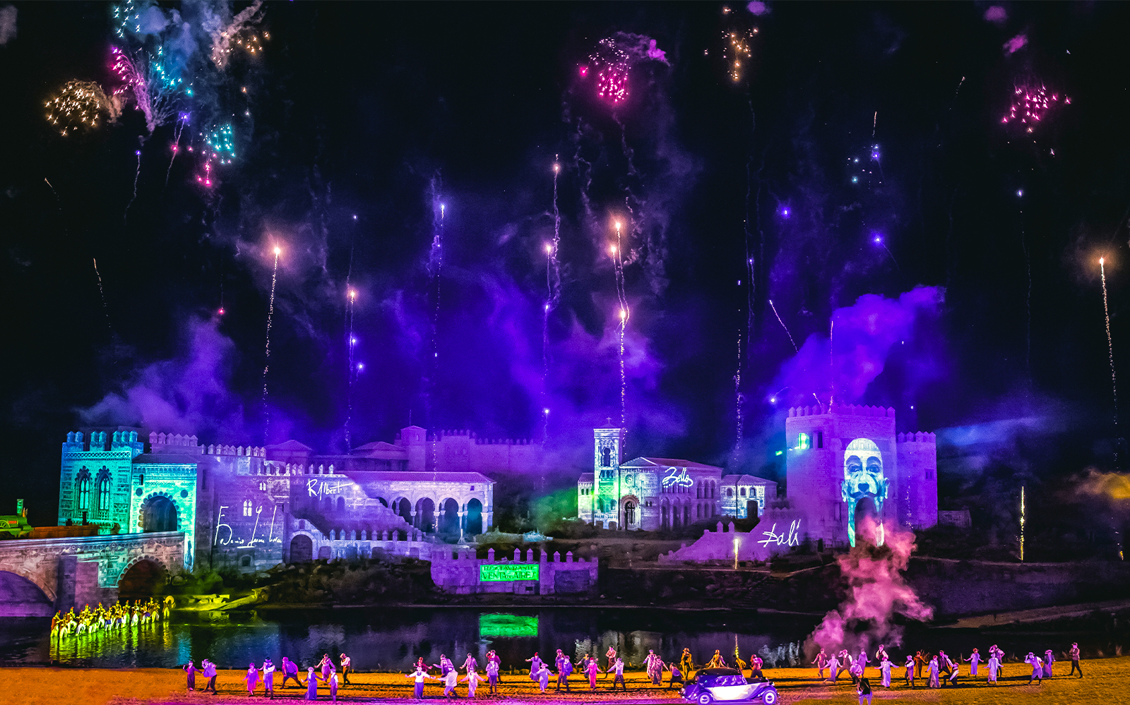 Performers with firecrackers at Toledo night show, Puy du Fou España, Madrid.