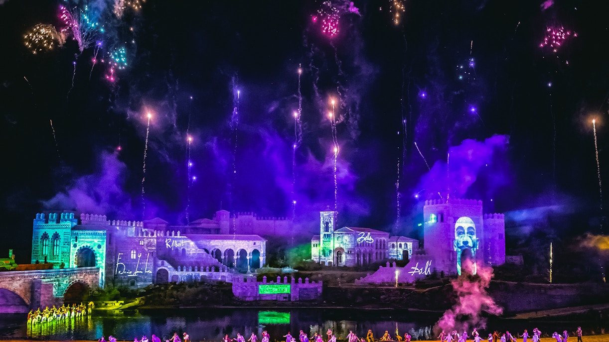Performers with firecrackers at Toledo night show, Puy du Fou España, Madrid.