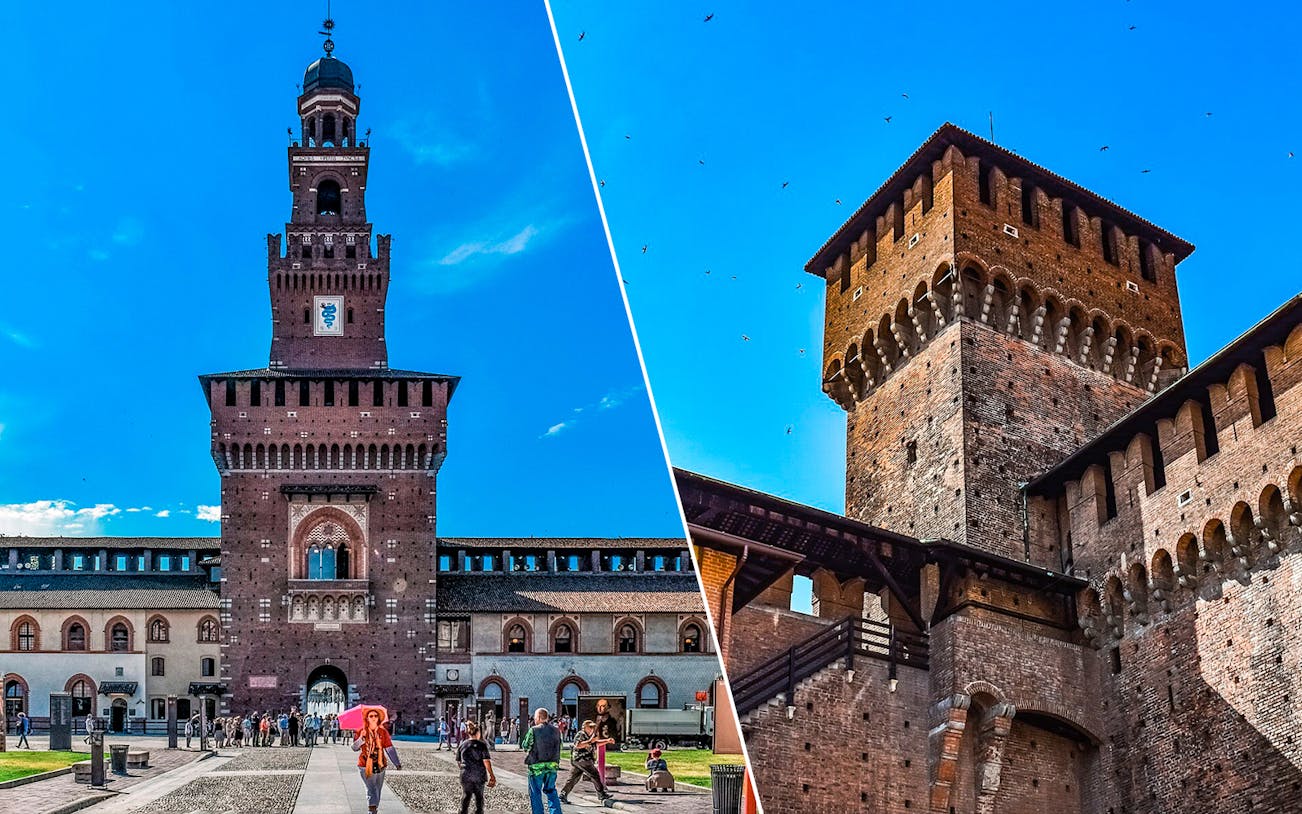 Sforza Castle entrance and courtyard in Milan, Italy, part of self-guided tour.