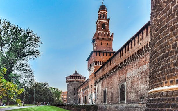 Sforza Castle exterior with tower and walls, Milan self-guided tour.