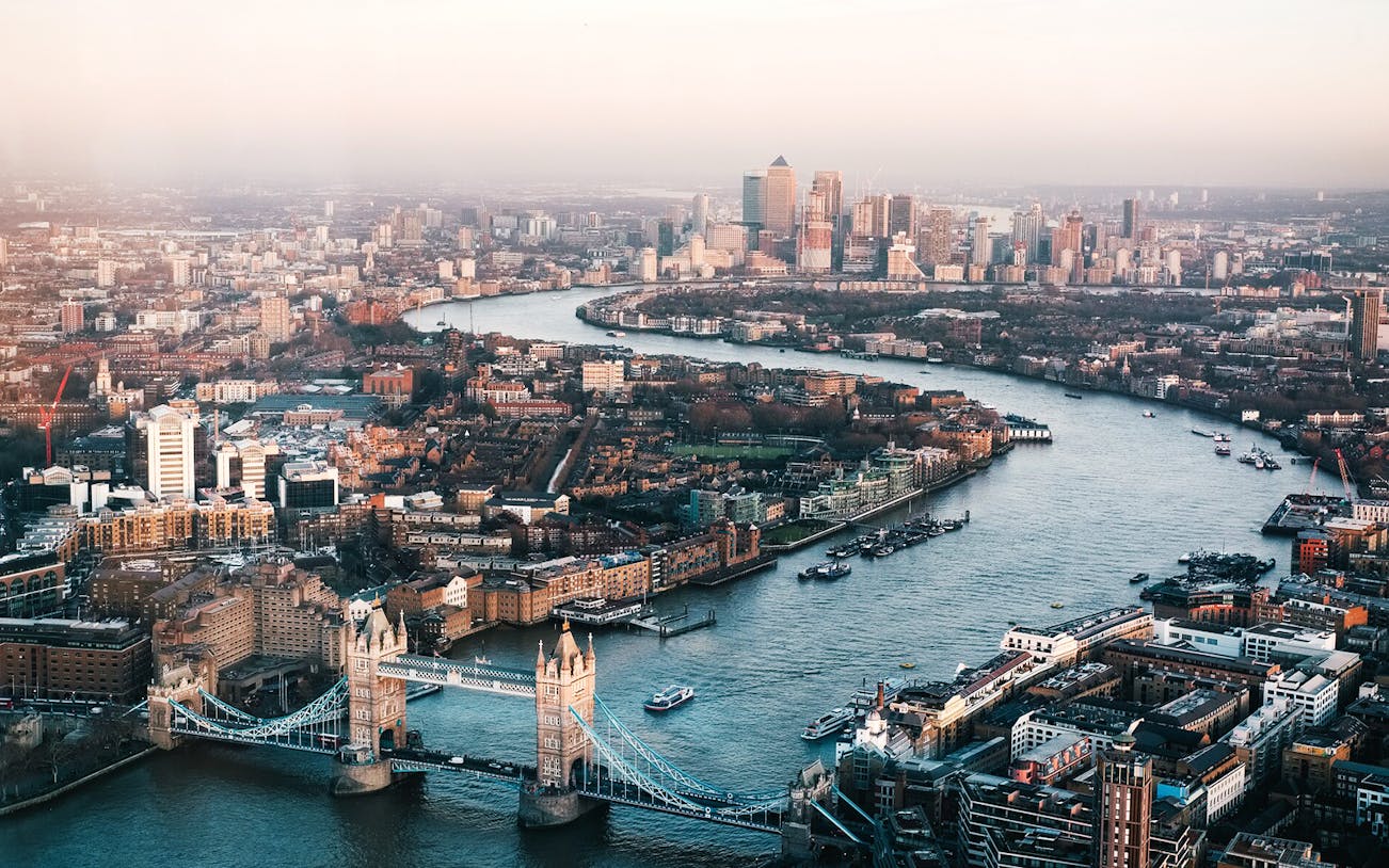 Aerial view of Tower Bridge and River Thames in London during self-guided audio tour.