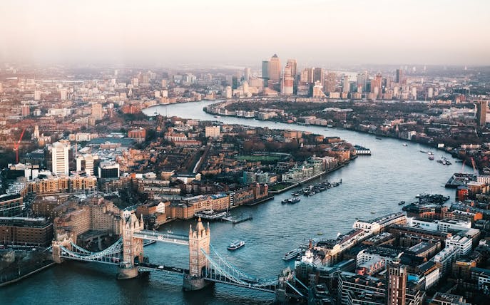 Aerial view of Tower Bridge and River Thames in London during self-guided audio tour.