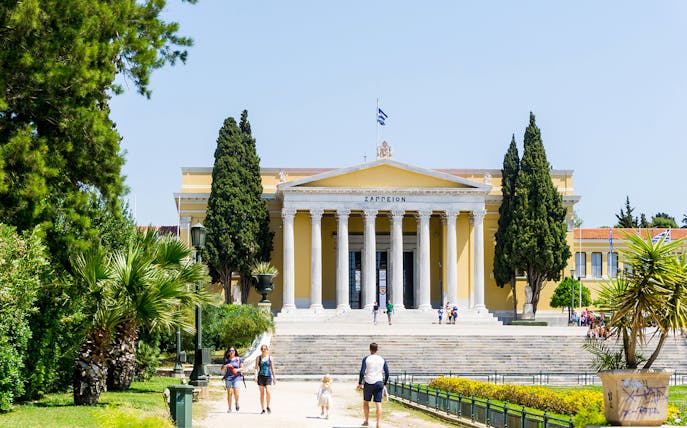 Zappeion Hall entrance with visitors, Athens, Greece.
