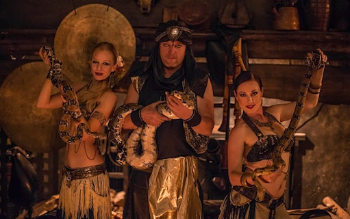 Performers with snakes at a medieval-themed New Year's Eve dinner event.