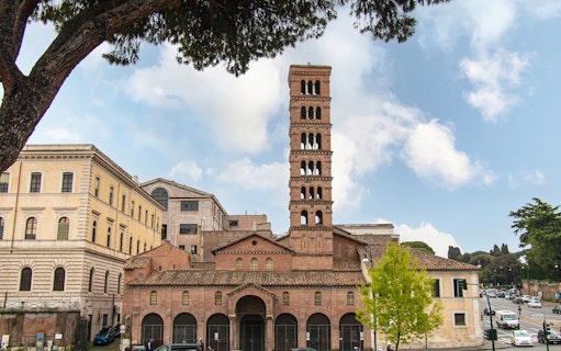 Basilica of San Giorgio in Velabro with bell tower, Rome walking tour.
