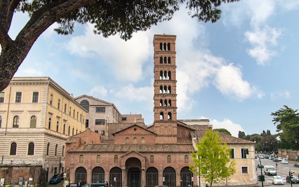 Basilica of San Giorgio in Velabro with bell tower, Rome walking tour.
