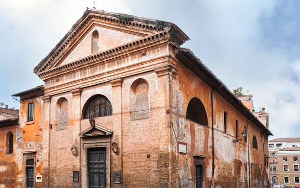 Historic church facade in the Velabrum area, Rome, part of the walking tour.