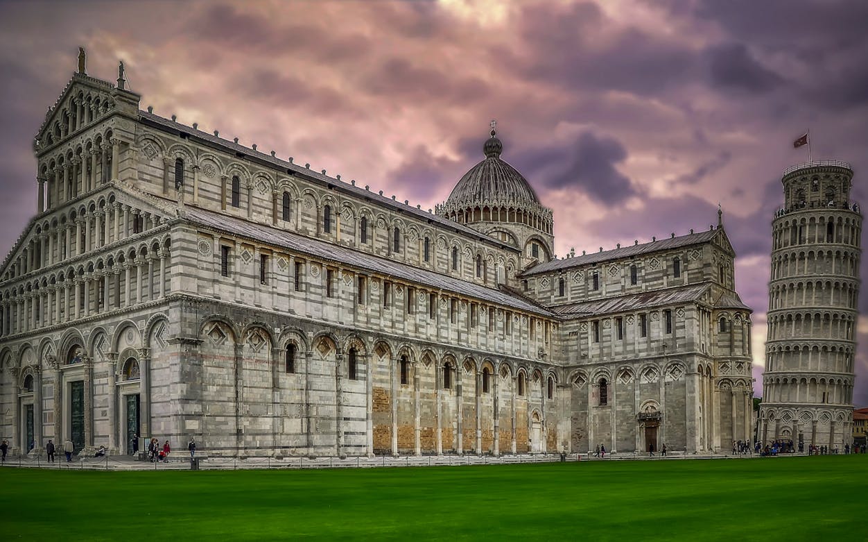 Pisa Cathedral and Leaning Tower on a cloudy day, Pisa: Half-Day Tour from Florence.