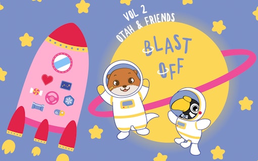 Otah and friend in astronaut suits with rocket and stars, Gardens by the Bay event.