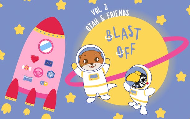 Otah and friend in astronaut suits with rocket and stars, Gardens by the Bay event.