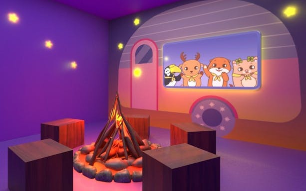 Characters in a camper-themed room with a campfire at Otah & Friends Volume 2, Gardens by the Bay.
