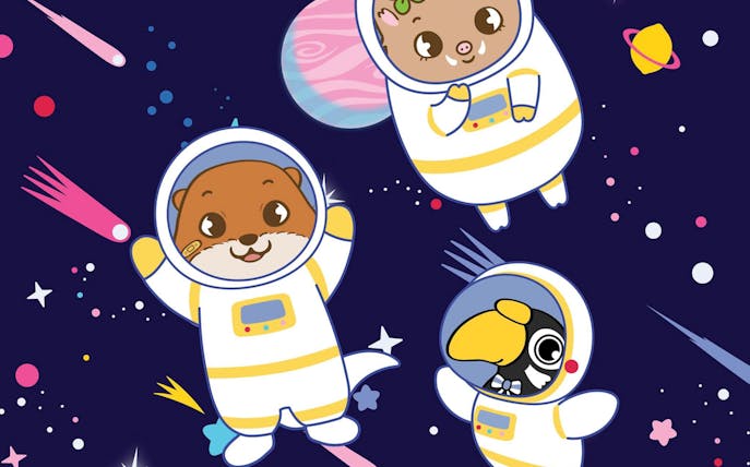 Cartoon animals in astronaut suits floating in space, Otah & Friends Volume 2 at Gardens by the Bay.