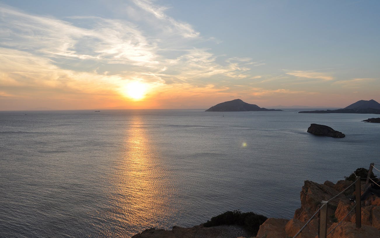 Sunset view over the Aegean Sea from Cape Sounion near the Temple of Poseidon.